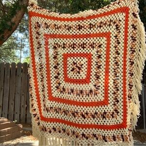 Vintage 1970s Hand Crochet Square Fall Cozy Retro Fringe Throw Blanket